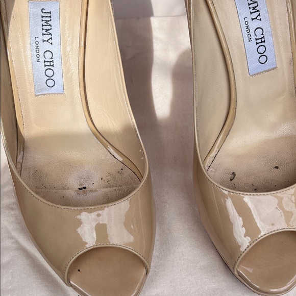 Jimmy Choo Nude Patent Leather Peep Toe Heels - Picture 3 of 10